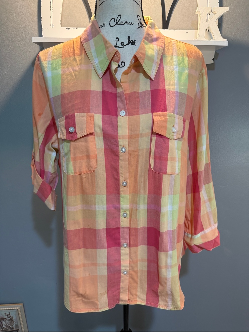 CROFT & BARROW PEACH/PINK/YELLOW PLAID BUTTON DOWN SHIRT XL